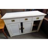 EARLY 20TH CENTURY PAINTED SIDE CABINET WITH 3 DRAWERS OVER 2 SLIDING PANEL DOORS - 152CM LONG