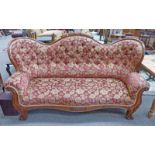 19TH CENTURY MAHOGANY FRAMED BUTTON BACK SETTEE IN FLORAL MAROON COVERING