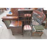 19TH CENTURY CHAIR WITH MOTHER OF PEARL INLAY, 2 STOOLS, BOOKCASE WITH 2 GLASS DOORS,