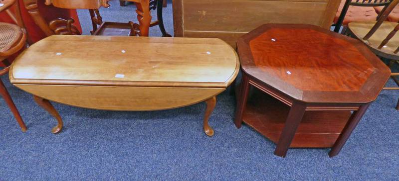 MAHOGANY OCTAGONAL COFFEE TABLE AND DROP FLAP COFFEE TABLE