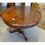 ORIENTAL MAHOGANY CIRCULAR TABLE WITH DECORATIVE BRASS INLAY ON TURNED CENTRAL COLUMN WITH 3 SHAPED