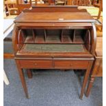 LATE 19TH CENTURY MAHOGANY CYLINDER DESK WITH BOXWOOD INLAY ON SQUARE TAPERED SUPPORTS