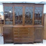EARLY 19TH CENTURY INLAID MAHOGANY BREAKFRONT SECRETAIRE BOOKCASE WITH 4 ASTRAL GLAZED DOORS OVER