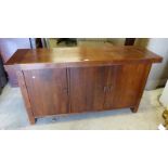 MAHOGANY SIDE CABINET WITH 3 PANEL DOORS ON SQUARE SUPPORTS LENGTH 151CM