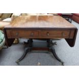 IRISH REGENCY MAHOGANY & ROSEWOOD CROSSBANDED & LINE INLAID SOFA TABLE WITH BARLEY TWIST SUPPORTS