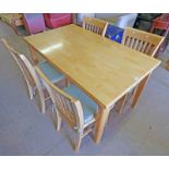 21ST CENTURY BEECH TABLE ON TAPERED SUPPORTS LENGTH 141CM WITH 4 MATCHING BEECH CHAIRS ON TAPERED