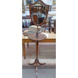 19TH CENTURY MAHOGANY SHAVING STAND WITH SHIELD SHAPE FRAMED MIRROR ON SQUARE COLUMN ON SPREADING