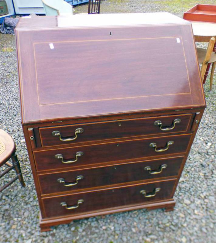 INLAID MAHOGANY BUREAU WITH FALL FRONT 4 DRAWERS ON BRACKET SUPPORTS,