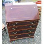 INLAID MAHOGANY BUREAU WITH FALL FRONT 4 DRAWERS ON BRACKET SUPPORTS,