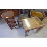 NEST OF 3 WALNUT TABLES WITH GLASS INSERTS, OAK OCTAGONAL TABLE WITH 2 UNDER SHELVES,