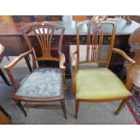 EARLY 20TH CENTURY MAHOGANY ARMCHAIR ON TURNED SUPPORTS & AN EARLY 20TH CENTURY OAK ARMCHAIR ON