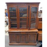 19TH CENTURY MAHOGANY BOOKCASE WITH 3 GLAZED PANEL DOORS OVER 2 DRAWERS & 3 PANEL DOORS ON PLINTH