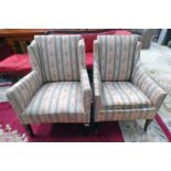 PAIR OF EARLY 20TH CENTURY OVERSTUFFED ARMCHAIRS WITH STRIPED FLORAL PATTERN ON TAPERED SUPPORTS