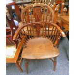 LATE 19TH CENTURY EARLY 20TH CENTURY ELM & LABURNUM WINDSOR ARMCHAIR ON TURNED SUPPORTS 91 CMS TALL