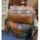 2 CIRCULAR LEATHER POUFFES WITH FLORAL PATTERN AND 1 OTHER RECTANGULAR POUFFE