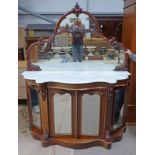MID 19TH CENTURY ROSEWOOD SERPENTINE FRONT CREDENZA WITH MIRROR BACK WITH MARBLED TOP WITH TWO