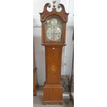 19TH CENTURY MAHOGANY INLAID LONG CASE CLOCK WITH BRASS AND SILVER DIAL, SIGNED ALEX DUNCAN, ELGIN,
