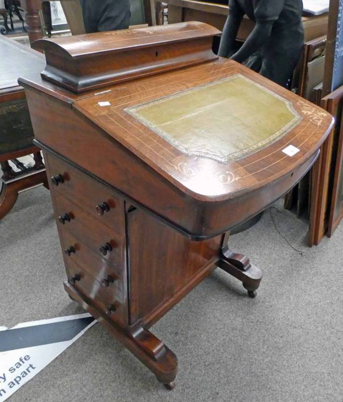 LATE 19TH CENTURY INLAID WALNUT DAVENPORT WITH LEATHER INSERT TOP DRAWERS TO SIDE 82CM TALL X 53CM