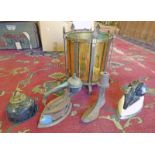 20TH CENTURY BRASS AND STEEL BIN WIDTH 30CM AND VARIOUS IRON WARE