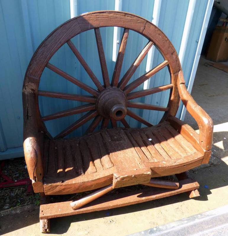 INTERESTING GARDEN SEAT WITH WHEEL DECORATION - 113CM LONG Condition Report: The