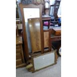 2 MIRRORS WITH CROSS BANDED DECORATION & SHAPED MIRROR WITH GILT DECORATION