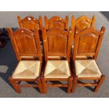 SET OF 6 MAHOGANY DINING CHAIRS ON SQUARE SUPPORTS WITH RUSH SEATS