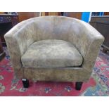 BROWN LEATHER TUB CHAIR ON SQUARE SUPPORTS Condition Report: The item is in good