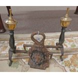 PAIR BRASS AND METAL ANDIRONS AND METAL DOOR STOP