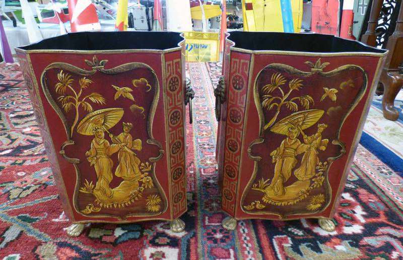 PAIR OF EARLY 20TH CENTURY PAINTED TIN BINS WITH PAINTED ORIENTAL DECORATION & LION MASK HANDLES &