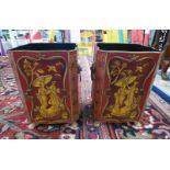 PAIR OF EARLY 20TH CENTURY PAINTED TIN BINS WITH PAINTED ORIENTAL DECORATION & LION MASK HANDLES &