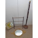 MAHOGANY STANDARD LAMP, GILT FRAMED MIRROR, TOWEL RAIL,