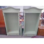 PAIR OF GREEN PAINTED OPEN BOOK CASES WITH SHELVES & DRAWER BELOW.
