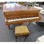 LATE 19TH CENTURY RISE & FALL PIANO STOOL AND WALNUT CASED HASSPIEL BABY GRAND PIANO