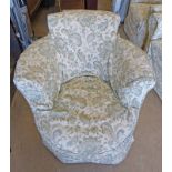 OVERSTUFFED TUB CHAIR WITH GREEN FLORAL PATTERN ON TURNED SUPPORTS WIDTH 68CM