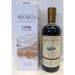 1 BOTTLE BEN NEVIS 21 YEAR OLD SINGLE MALT WHISKY, DISTILLED 1996 - 70CL, 54.