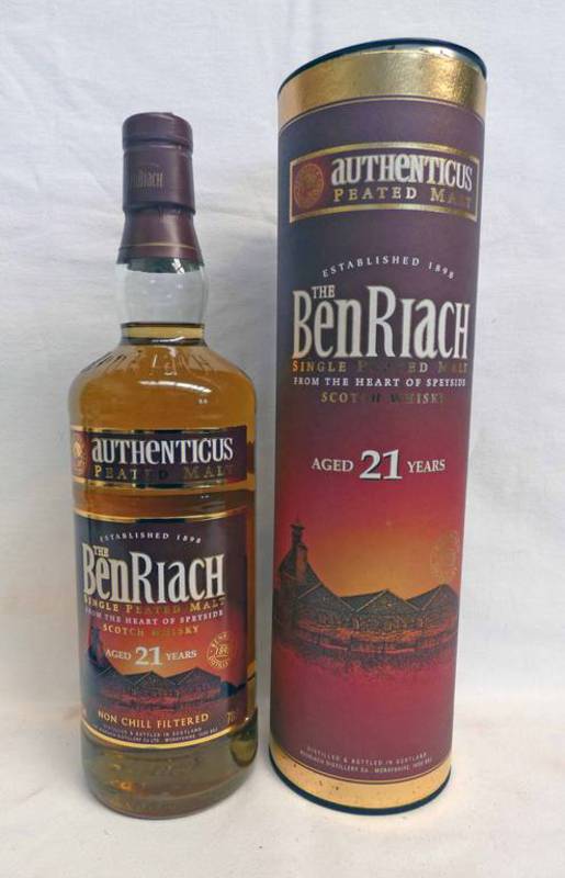 1 BOTTLE BENRIACH 21 YEAR OLD SINGLE MALT WHISKY, AUTHENTICUS PEATED MALT - 70CL,