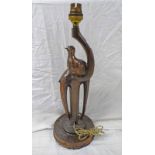 ART DECO COPPER TABLE LAMP IN THE FORM OF 2 LONG TAILED BIRDS SAT ON A PEDESTAL - 37CM INCLUDING