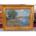 D M FRENCH LAKE WITH SWANS SIGNED GILT FRAMED OIL PAINTING 43 X 59 CM