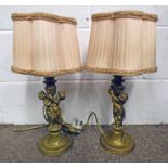 PAIR BRASS TABLE LAMPS OF 2 CHERUBS HOLDING A VASE 34 CM TALL