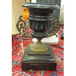 EARLY 20TH CENTURY BLACK SLATE URN WITH METAL MOUNTS,