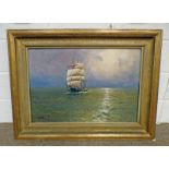 GILT FRAMED OIL PAINTING OF A 3 MASTED SAILING SHIP INDISTINCTLY SIGNED 52 X 77 CM