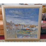 ALFRED MALOCCO FIFE COASTAL VILLAGE SIGNED FRAMED OIL PAINTING 85 X 90 CM