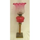 CRANBERRY GLASS RESERVOIR PARAFFIN LAMP WITH ETCHED GLASS SHADE ON CORINTHIAN COLUMN