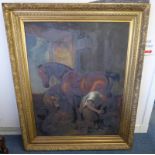 GILT FRAMED OIL PAINTING OF A BLACKSMITH WITH HORSE 141 X 111 CM