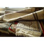 3 RUGS AND 2 CARPETS, RED AND CREAM CIRCULAR RUG,