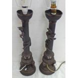 PAIR OF JAPANESE BRONZE TABLE LAMPS WITH DRAGON DECORATION,