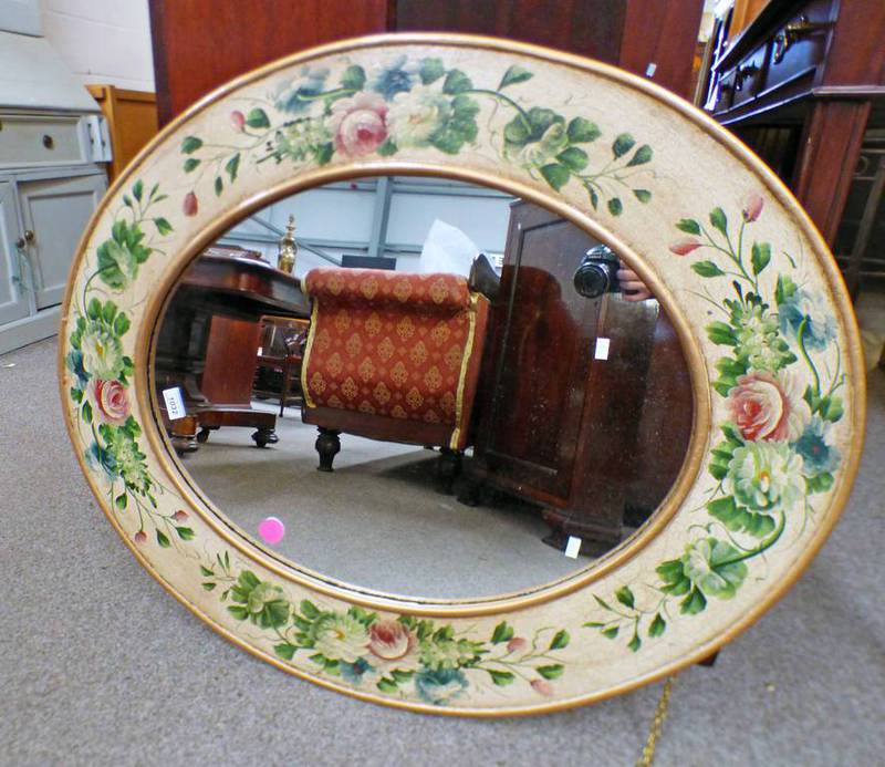 20TH CENTURY OVAL MIRROR WITH FLORAL DECORATED BORDER, - Image 2 of 2
