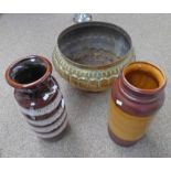 LARGE BRASS POT AND TWO WEST GERMAN VASES -3-