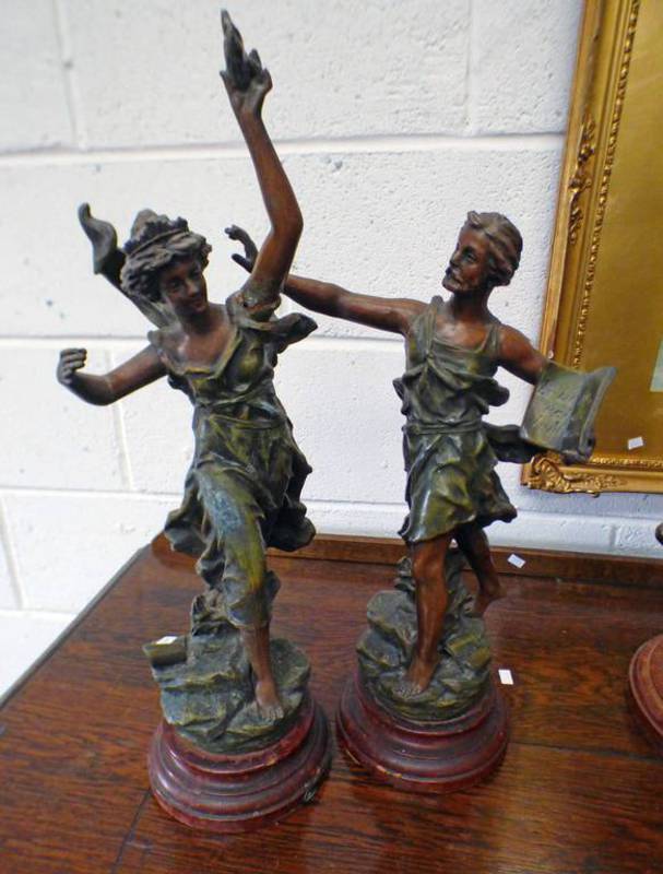 TWO CLASSICAL METAL FIGURES ON STANDS 52CM TALLEST