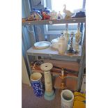 VARIOUS TABLE LAMPS, LIDDED POTS, WALKING STICKS, FLOWER POT STAND,